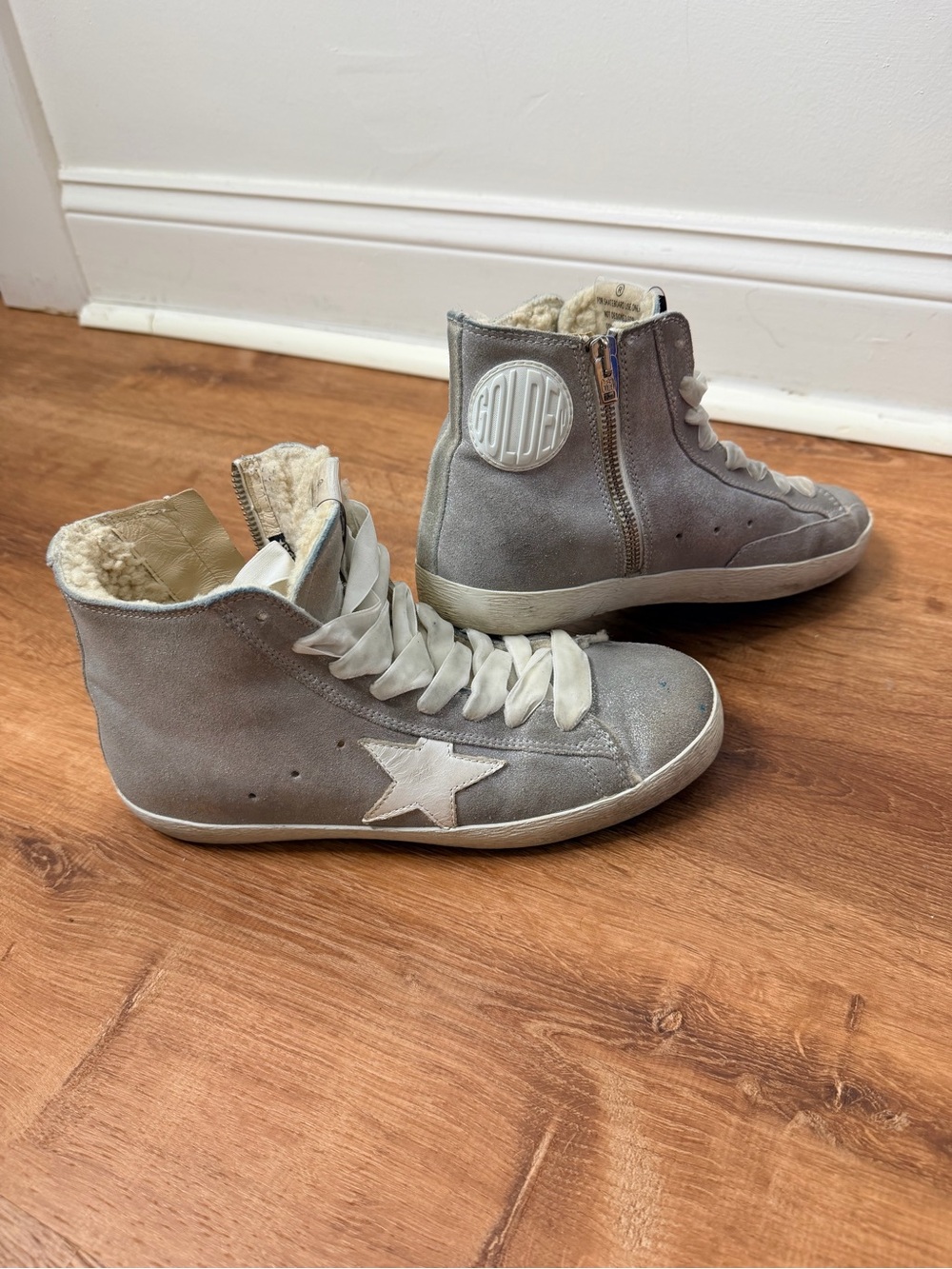 Golden Goose Francy High Top Sneakers Gray Suede White Star Shearling Lined